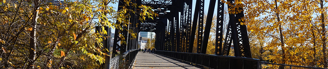 Old metal passenger bridge surrounded by fall trees.