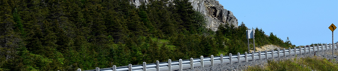 Steep highway surrounded by green trees.